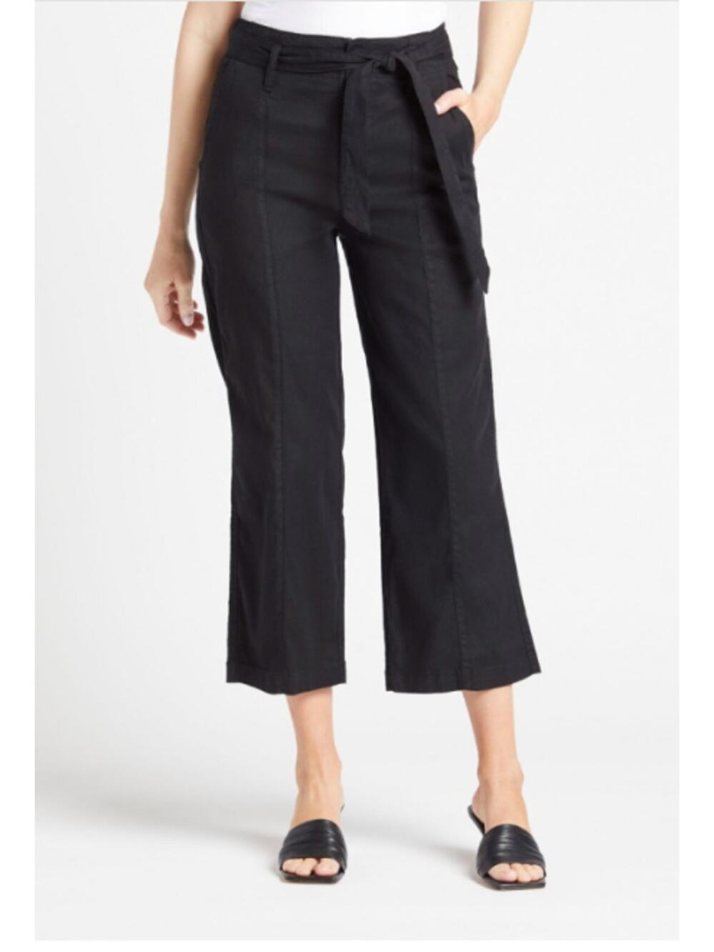 LEVEL99 NWT Bette Seamed Tie Waist Linen Straight Leg Trouser in Black // 00
